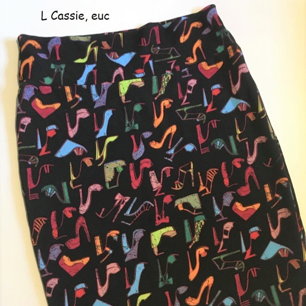 LuLaRoe Cassie Pencil Skirt - Multi Colored Shoe Print on Black